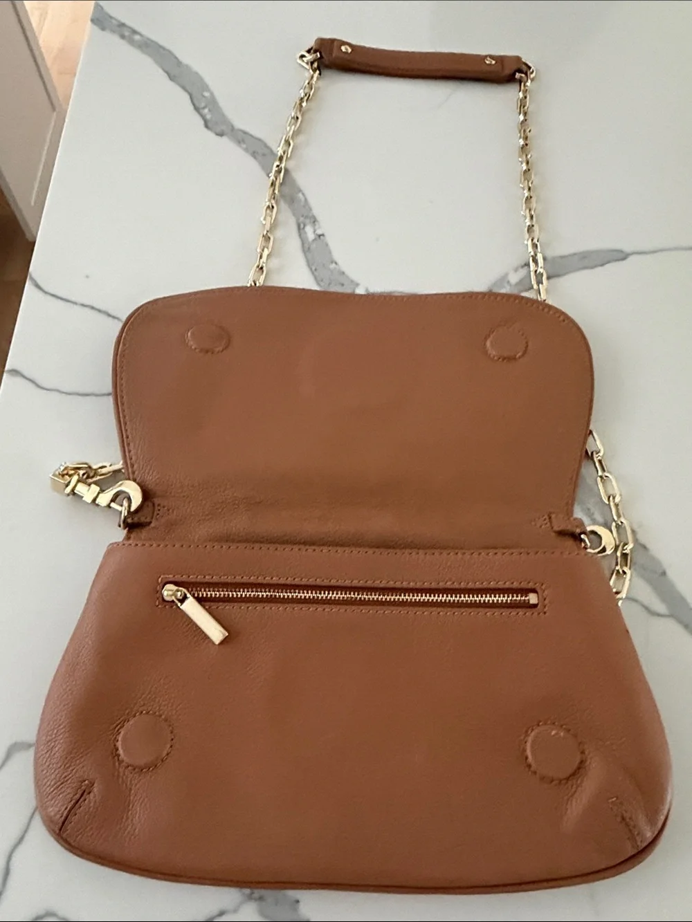 Tory Burch Amanda Logo Clutch in Royal Tan with Gold and Tan Logo on the front